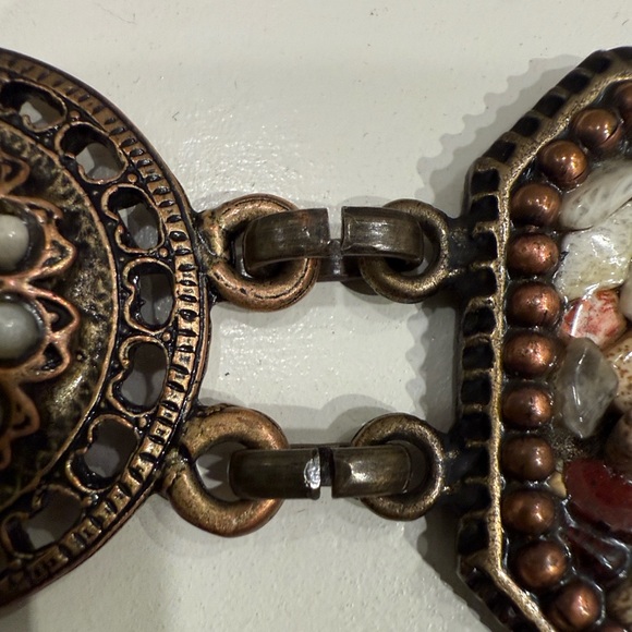 Vintage BELT Mosaic Stone Link ~ Antique Brass Octagon & Circle Boho ~ EUC - Picture 8 of 16